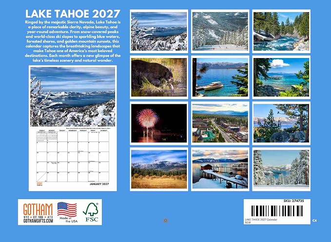 Lake Tahoe Calendar 2027 Monthly Wall Calender 12 Month | American Made In The USA