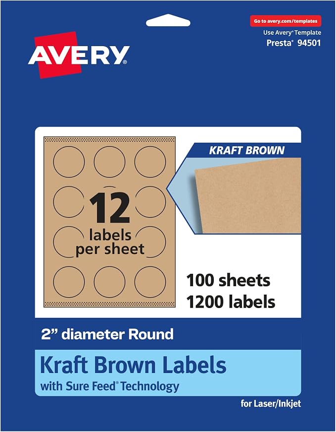 Avery® Kraft Brown Round Labels, Sure Feed® Technology, 2" Diameter, 1,200 Kraft Brown Labels, Print-to-The-Edge, Laser/Inkjet Printable