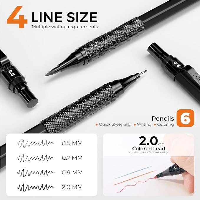 STAGEEK 35PCS Mechanical Pencil Set, 0.5 0.7 0.9 2.0mm Drawing Pencils | 384PCS Lead Refills (6B 4B 2B HB 2H 4H Colors),Sharpener, Erasers,Technical Drawing Kit for Writing, Sketching and Drafting