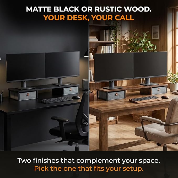 DuoStand Plus - 39” Dual Monitor Riser for Desk with 2 Drawers - Wood & Steel Double Monitor Stand with Storage - Desk Organizer Shelf for Desktop Computer, Laptop, TV & Printer (Matte Black)