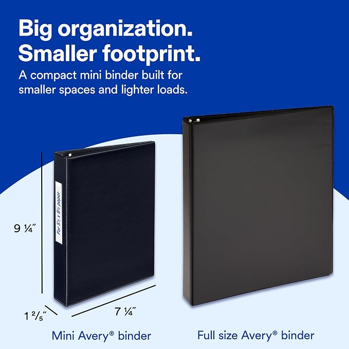 Avery® Mini 3 Ring Binder, 1" Round Rings, 1 Black Binder | For Planners, Recipes and Reference Storage, Holds 5-1/2" x 8-1/2" Paper, Interior Storage Pockets, Spine Card Holder