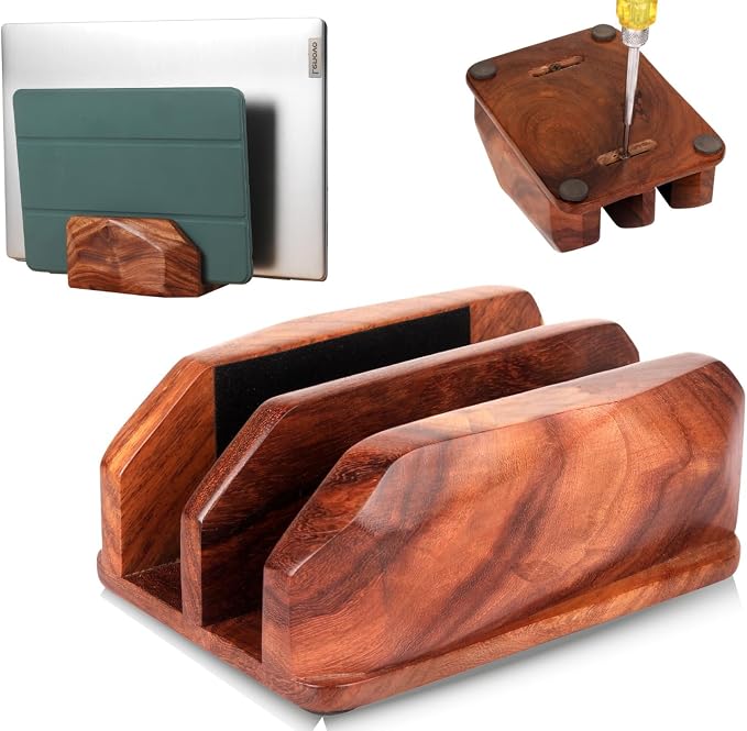 Width Adjustable Vertical Laptop Stand for Desk, Laptop Holder to Dock MacBook, MacBook Pro and Other Laptops, Versatile Vertical Laptop Docking Solutions - Indian Rosewood