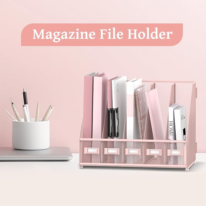Desk Organizers Metal Desk Magazine File Holder with 5 Vertical Compartments Rack File Organizer for Office Desktop, Classroom, Home Workspace, Pink