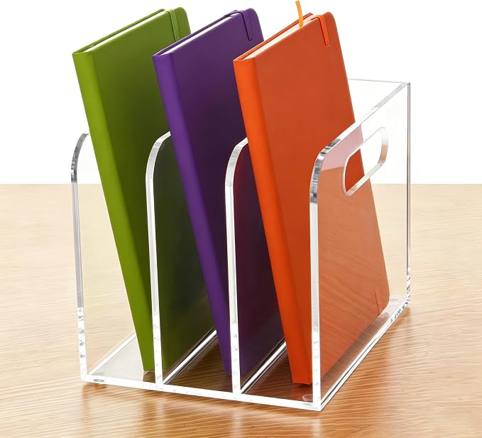 Lovemolly 3-Slot Clear Acrylic Magazine File Holder, Vertical Desk Organizer with Handle – No-Assembly Document Sorter for Office & Home, 7.48 x 6.69 x 6.3 in