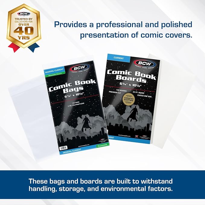 BCW Current Comic Book Bags and Backing Boards, 200 Count | Acid-free clear sleeves, 24-pt SBS support, 3% calcium carbonate buffer, fits modern issues, protects during storage