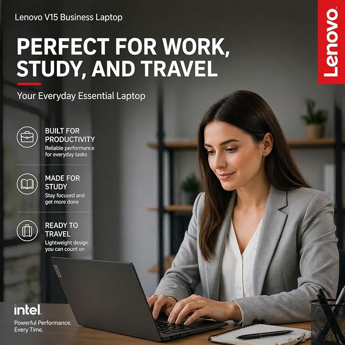 Lenovo V15 Business Laptop, Intel N150 Quad-Core Processor, 15.6" FHD Display, 16GB DDR5 RAM, 1TB NVMe SSD, Wi-Fi 6, Ethernet RJ-45, Dolby Audio, Windows 11 Pro, Business Black