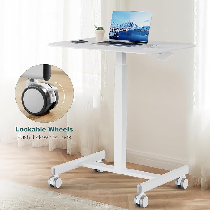 DUMOS Mobile Rolling Desk with Wheels Adjustable Height | Small Standing Desks Portable Laptop PC Table, Computer Workstation for Home Office Small Space, White
