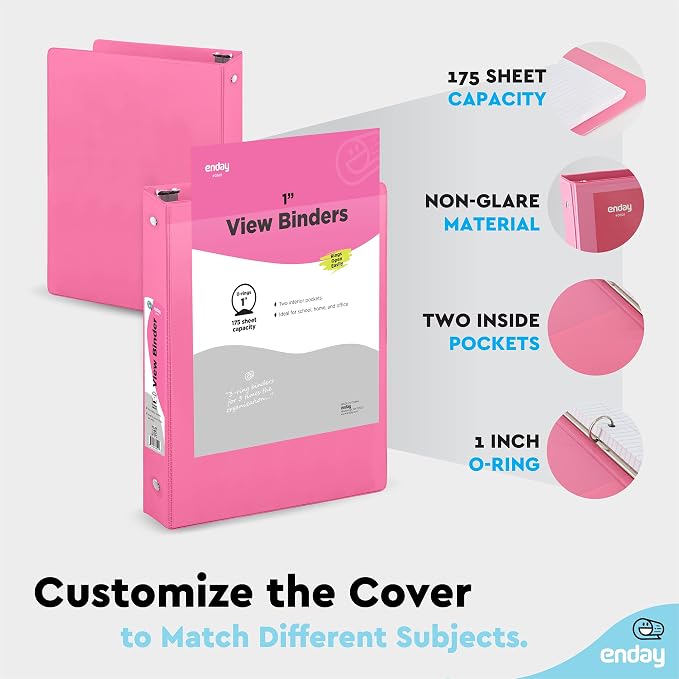Enday 1 Inch Binder (6 Pack - Pink) 3 Ring Binder 1 inch with Clear View Cover and 2 Inside Pocket - for Letter Size 8.5 x 11'' Paper, Ideal for School Supplies, Office, and Home
