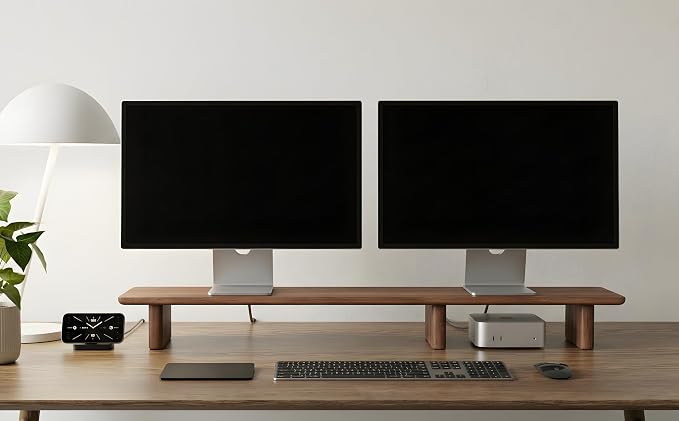 Walnut Dual Monitor Stand Riser - 43.3" Extra Long Wooden Monitor Stand for 2 Monitors, Desk Shelf Organizer for iMac, Laptop & Ultrawide Displays, Natural Wood Grain