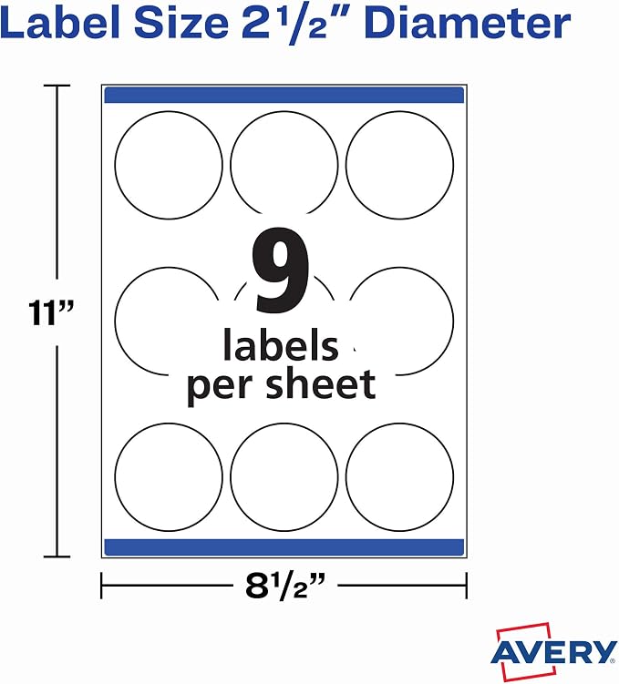 Avery Printable Blank Round Labels, 2.5" Diameter, Matte White, 225 Customizable Labels (22562)
