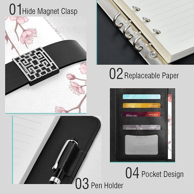 Cherry Blossom Branches PU Leather Notebook A5 Binder 6 Ring Refillable Journal with Magnetic Buckle Closure Loose Leaf Travel Office Planner Budget Binder Notepad Portfolio, Summer Spring