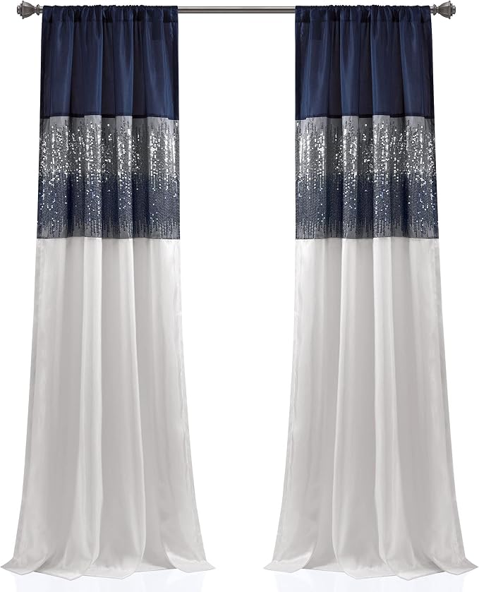 Lush Decor Night Sky Window Curtain Panel, Single 42"W x 95"L Navy & White - Sequin Backdrop Curtain - Room Darkening Curtains For Bedroom - Glam Decor