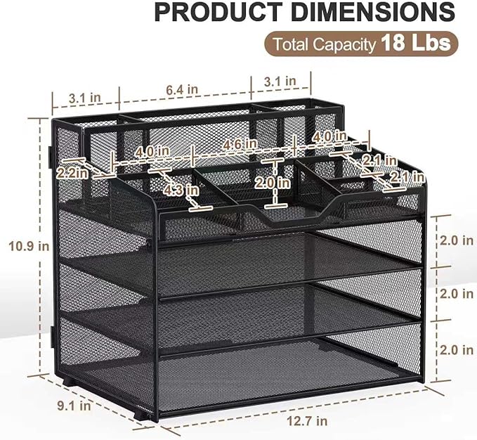 Docnest 4 Tier Mesh Desk Organizer with Letter Tray & Paper Sorter, Black | Features 3 built-in pen holders & 5 adjustable compartments on top. Includes 4 non-slip rubber feet for desk protection