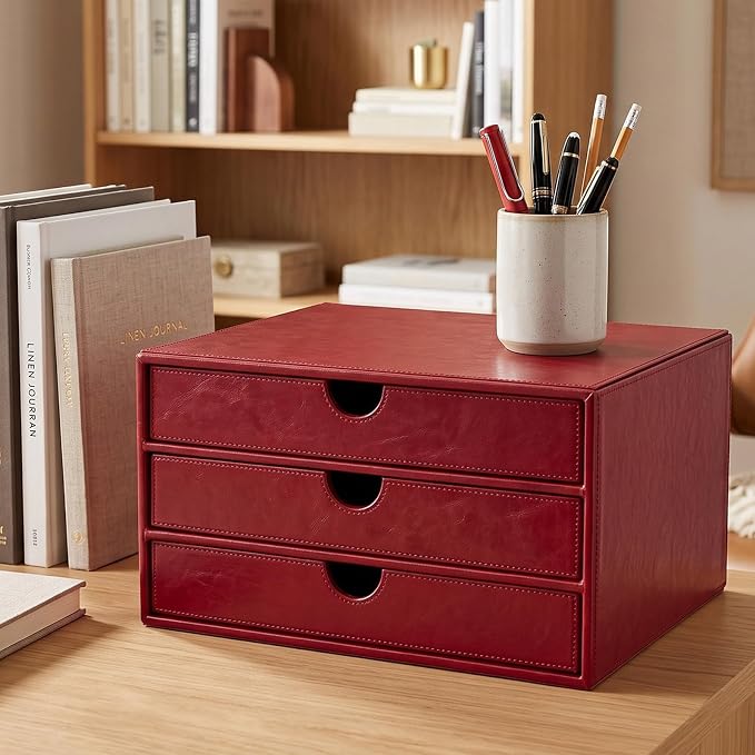 UnionBasic Document Organizer, 3-Drawer File Cabinet Document Storage Box, Office Desktop Filing Organizer, Burgundy | Document Storage Box, Office Desktop Filing Organizer, Printed Oil Faux Leather