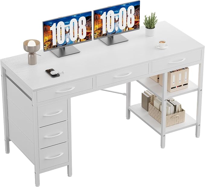 Sweetcrispy 55" Computer Desk with 6 Fabric Drawers & Storage Shelves | Reversible Gaming Desk, Office Desk, Computer Workstation, Corner Desk with Storage, Home Office, Living Room, White