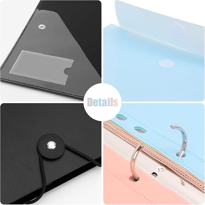 Uquelic A4 Binder, Folio Document Organizer, 3 Ring Folder Letter Size | Cute 12-Pocket Life Binder for Paper, Files, Photos, Letters, Cards (Black-Macaron)