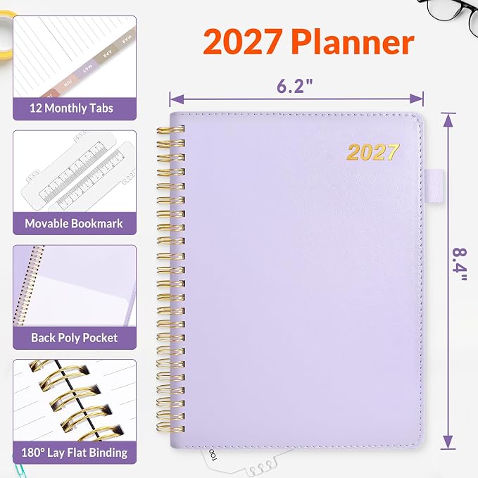 SUNEE 2027 Weekly & Monthly Planner 6.2"x8.5"- 12 Month (January 2027 - December 2027), Vegan Leather Cover, Pocket, Bookmark, Notes, Monthly Tab, Purple