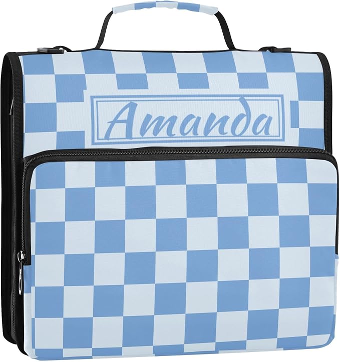 Custom 3 Ring Zipper Binder Blue Checkered White Buffalo Plaid Personalized Name 1.5 inch Binders Large Capacity Multi Pockets for School Office Supplies
