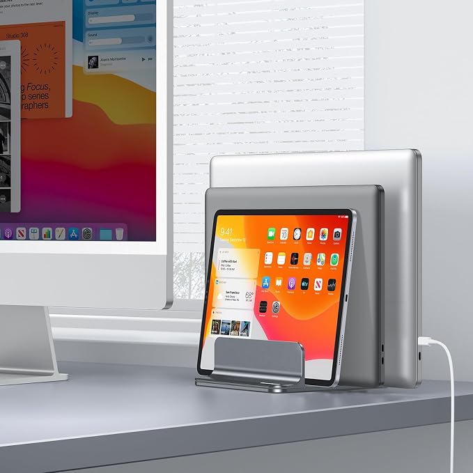 OMOTON 3-Slot Multiple Vertical Laptop Stand, Fits All MacBook, Grey | Adjustable Width 0-1.38", Aluminum Office Space-Saving for Desk, Fits MacBook/Book/iPad Up to 17.3in