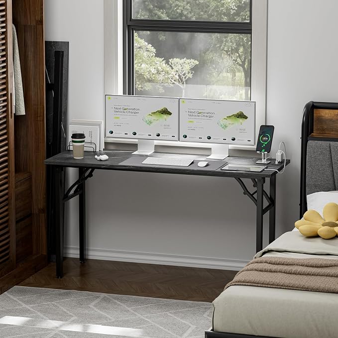TEMI Small Computer Desk Folding Table - No Assembly, Compact 55.1" Foldable Desk with Power Outlets & USB Charging Port, Portable Small Office Desk, Ideal Mini Study Table, Marble Greige