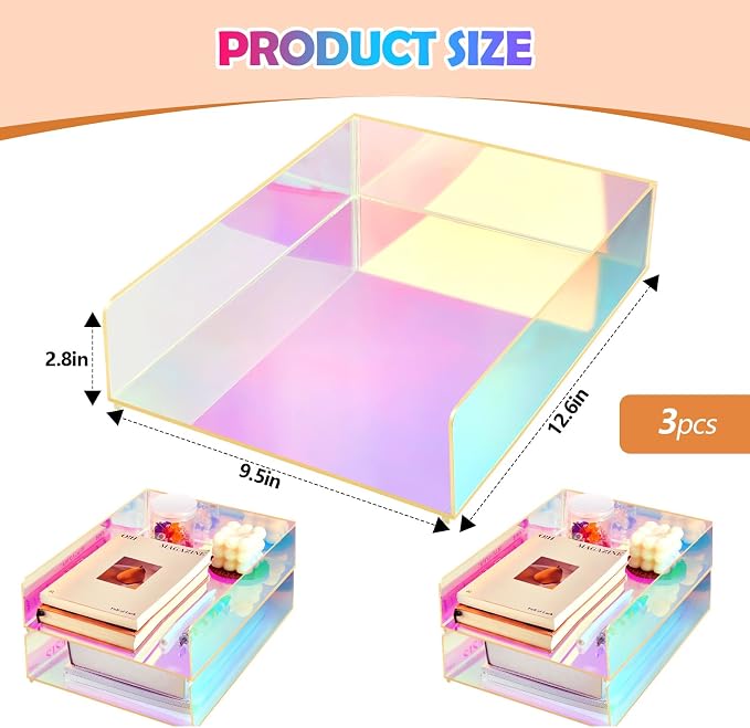 Suzile 3 Pcs Iridescent Acrylic Letter Organizer 12.6 x 9.5 x 2.8 Inches Stackable Iridescent Letter Tray Paper Tray for Desk File Document Folder Notebooks Stationery Office Accessories(Vertical)