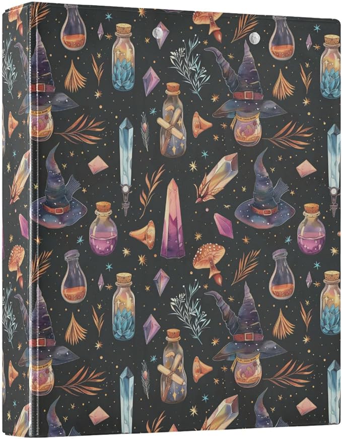 Witchy Crystals Pattern 3 Round Ring Binders | 1.5 Inch Binder with Clipboard, PVC Pockets, Work Organizer, Holds 200 Sheets for School Office 1 Pack
