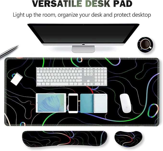 Gaming Mouse Pad Wrist Support Set, XXL Large Desk Mat Mousepad + Keyboard Wrist Support+ Mouse Wrist Rest+Coaster 4in1 Ergonomic, Memory Foam, Stitched Edge for Home Office -Colorful Lines