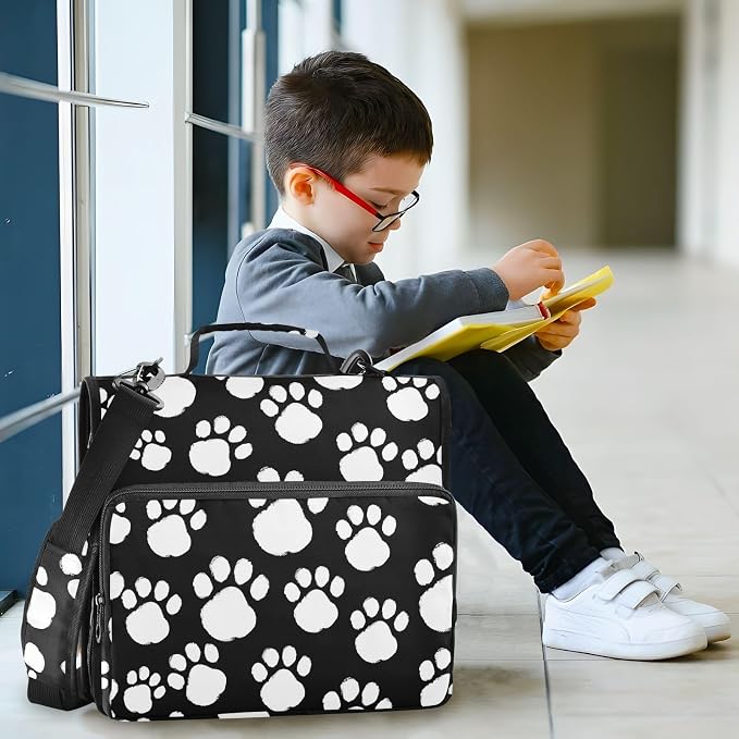 White Black Paws Print 3 Ring Binder Bag 1.5 inch Binder Organizer with Zipper Shoulder Strap 500 Sheet Documents Storage for School Office