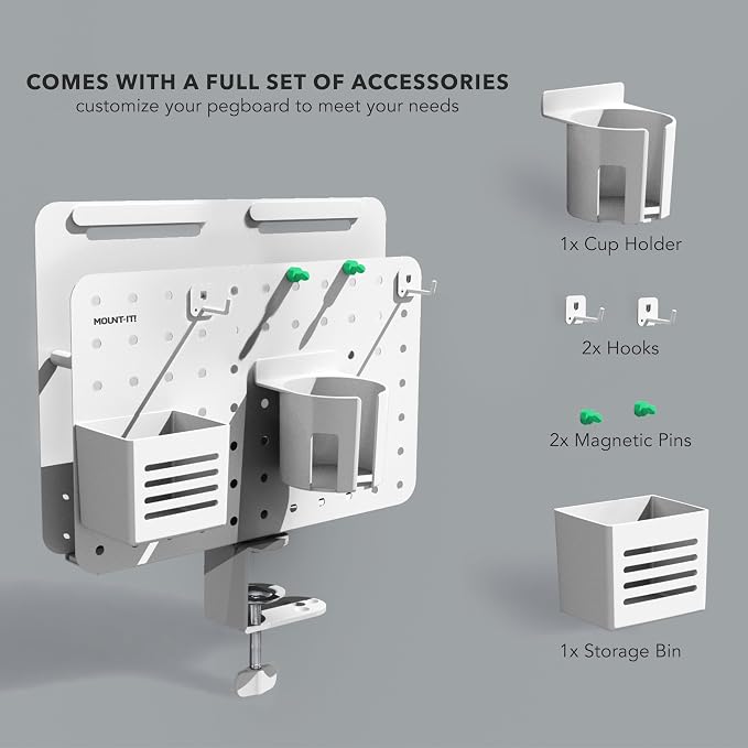 Mount-It! Desk Pegboard Organizer, 360 Rotation, White | Clamp-on desk storage with cup holder, pen holder, hooks & magnets for home office, workshop & crafting stations.