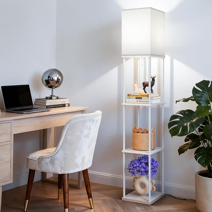 Floor Lamp with Shelves, 3-Tier Modern Square Bookshelf Standing Lamp White | 3 Color Temperature Bulb Included, Pull Chain Tall Lamp for Living Room Bedroom Corner Office Apartment Decor