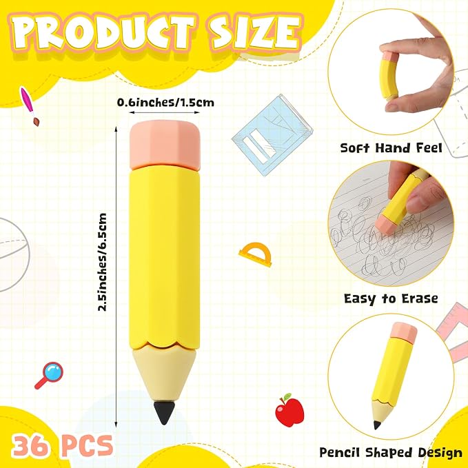 Affrolling 36 Pcs Large Pencil Shaped Eraser Bulk Back to School Party Gift