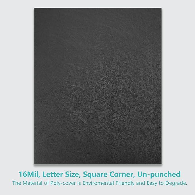 Binditek 16 Mil Leather-Textured Polycovers, 8.5x11 Inches, Black, 100 Pack | Leather-Textured Binding Covers, 8.5x11 Inches Letter Size, Plastic Binding Presentation Covers, Square Corners, Unpunched
