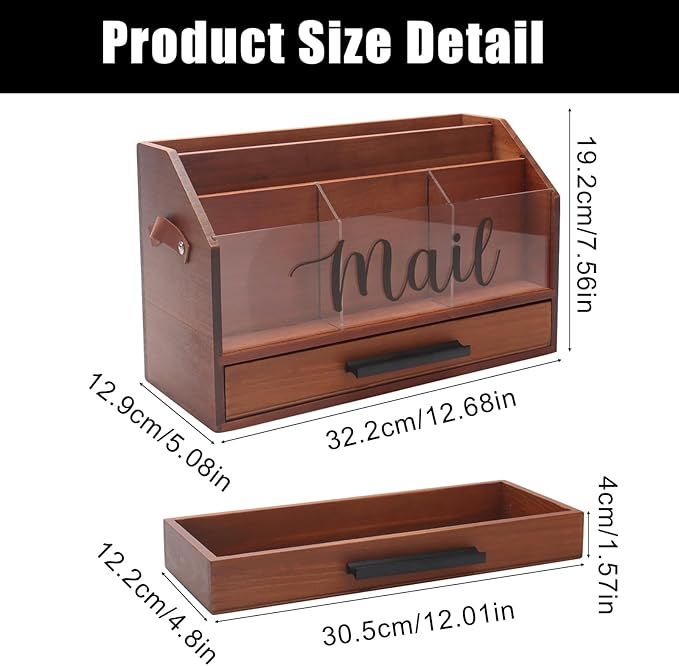 Wood Desk Organizer with Drawer, Bill Mail Organizer Countertop Workspace Organizers for Office Supplies Desk Organization Letter Holder