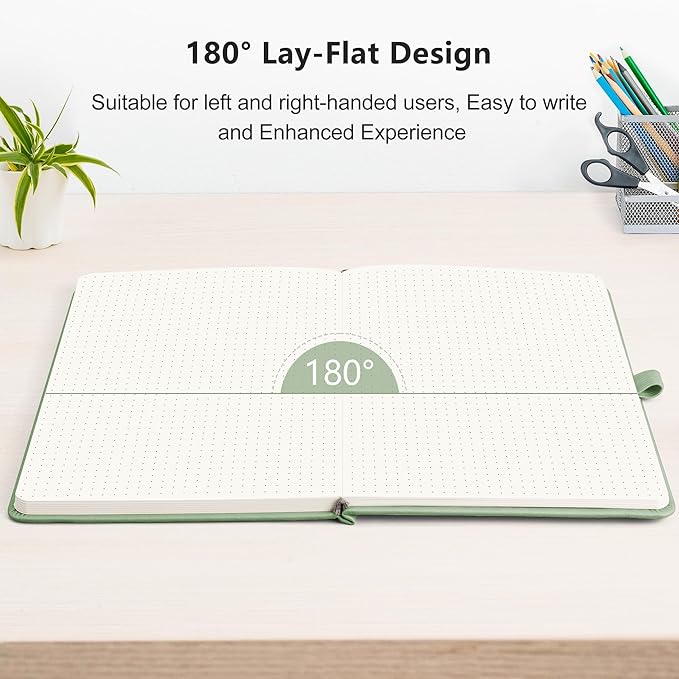 RETTACY Bullet Dotted Journal Notebook, 320 Numbered Pages, A5 Medium Size (5.7'' × 8.3''), Leather Hardcover, 100 GSM Thick Paper, for Bullet Journaling, Planning, Tracking (Light Green)