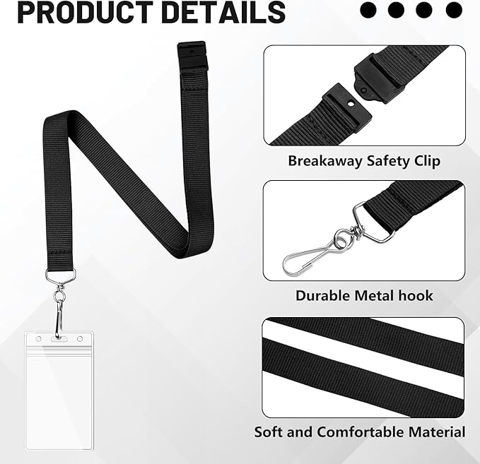 24-Pack Black Breakaway Lanyards with Waterproof Badge Holders, Polyester Neck Straps for ID Cards, Events, Office, and Schools
