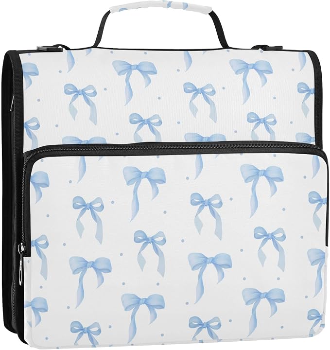 ALAZA Zipper Binder 3 Ring Cute Bow Blue Binder Organizer with Zipper and Shoulder Strap Large Capacity Multi-Pocket Trapper Keeper File Folder for Office Supplies