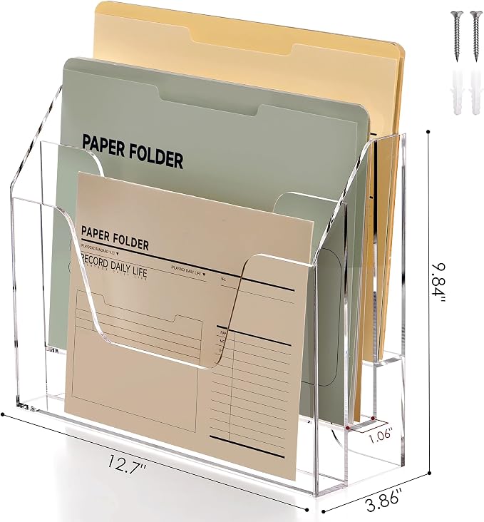 DINGHUO Acrylic Hanging Wall File Folder Organizer for Desk, Clear 3 Tier Document Paper Magazine Holder for Home, Office Organization, School - 1 Pack
