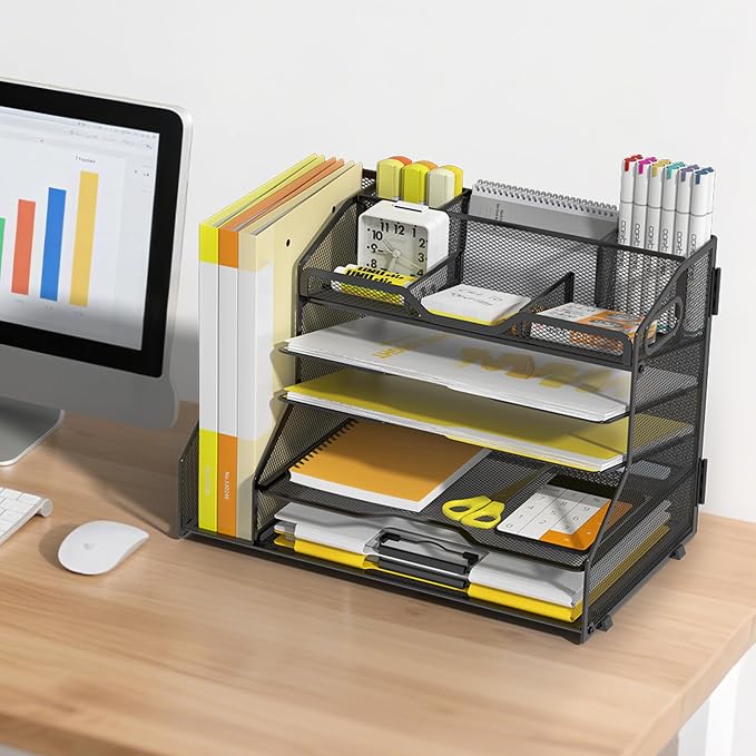 YINGHUA 5-Tier Mesh Desk Organizer and File Holder, Letter Tray - Black | Sturdy steel mesh with 3 sliding trays, 2 handles, 6 adjustable top sections. U-shaped design for easy access to office files