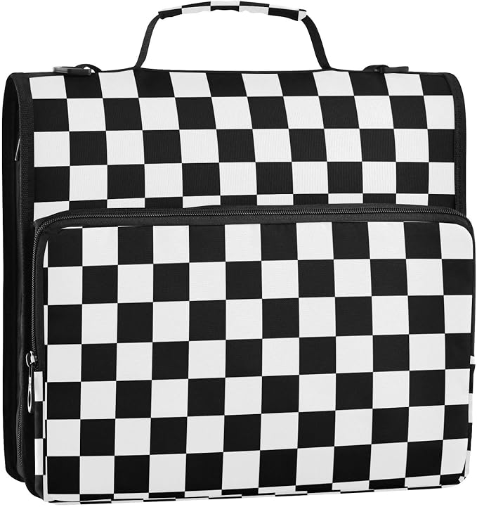 Black White Checkered Pattern 3 Ring Binder Bag 1.5 inch Binder Organizer with Zipper Shoulder Strap 500 Sheet Documents Storage for School Office