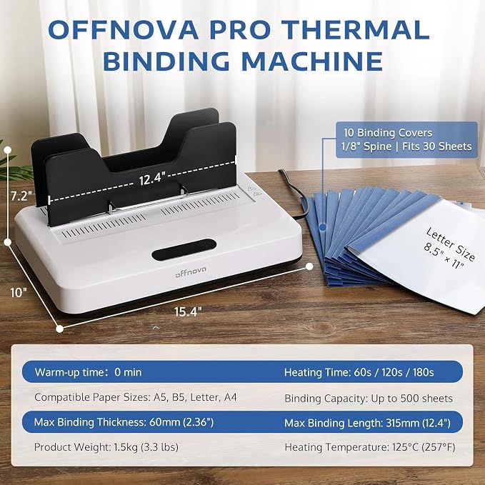 OFFNOVA Thermal Binding Machine 500 Sheets Capacity, No Preheat, Air Cooling, Book Binder Machine with 10 Binding Covers, A4/A5/Letter Size Business Documents, Office and Homeschool Projects