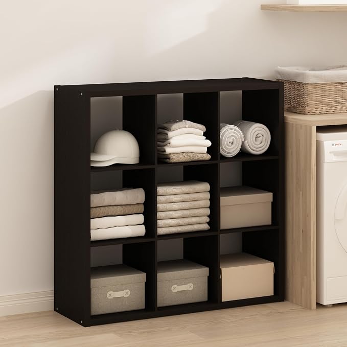 Furinno Simple 9-Cube Storage Organizer, Extra Thick Frame, Black Oak | Open Back, Display Shelf, Shelving Unit, Storage Shelves, for Organization, Living Room, Home Office