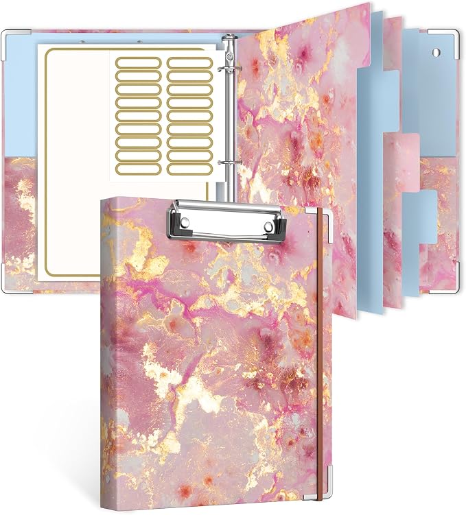 Rouidr Mini 3 Ring Binder with Clipboard, 1 inch Round 8.5 x 5.5 in Cute Binders Organizer with 5 Dividers Tabs & Clear Sleeves, School Supplies, Office Supplies, Pink Marble