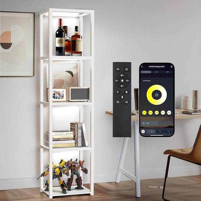 OUTON 67" Glass Display Shelf with Dimmable LED Floor Lamp, Collectibles Display Cabinet with Remote & App Control, 5 Tier Open Bookshelf Lamp for Living Room, Bedroom, Office, Home Decor, White