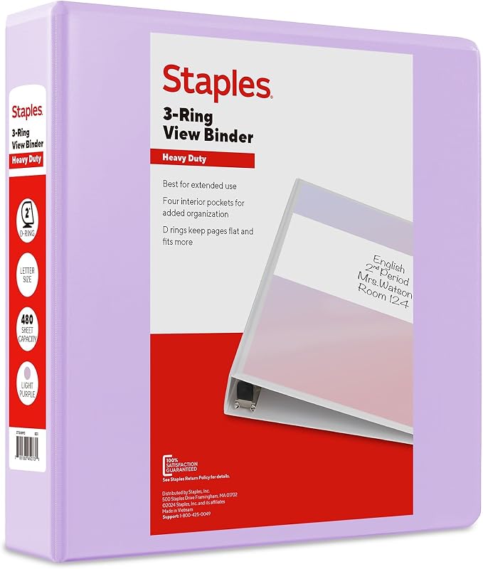 Staples Heavy-Duty 2-Inch 3-Ring View Binder, D-Ring, Light Purple | Durable binder for everyday school and office document storage.