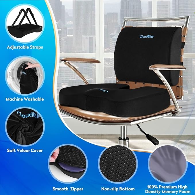 CloudBliss Seat Cushion, Office Chair Cushion,Car Seat Cushion, Lumbar Support Pillow for Office Chair, Back Support Memory Foam Pillow Coccyx Cushion for Tailbone & Sciatica Pain Relief,Black,X-Large