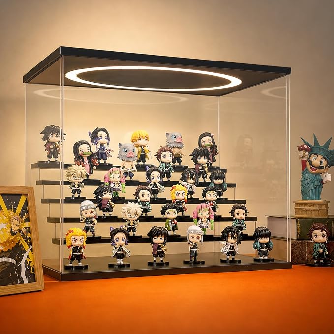 Acrylic Display Case with Adjustable LED Light, 6 L Tier Clear Display Box Dustproof Showcase for Action Figures, Collectibles and Mini Toys, Assembly Display Cabinet(Black 19.7*12.6*16.5in)