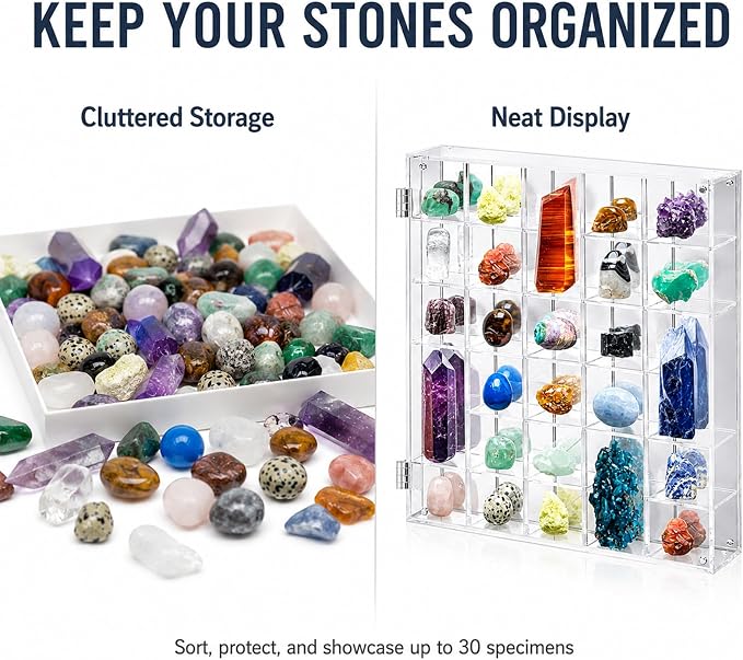 Cinnvoice Rock Display Case 30 Grids,Transparent Border,Square | Adjustable Acrylic Display Case, Crystal Organizer for Collectible, with Built-in Mirrored, Magnetic Door, Wall Mount