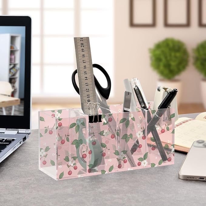 Flower Cherry Fruit Acrylic Pen Holder 4 Compartments with Prints, Desktop Makeup Brush Organizer Cutlery Acrylic Organizer Pencil Plastic Organizer Personalized Printed Pen Holder