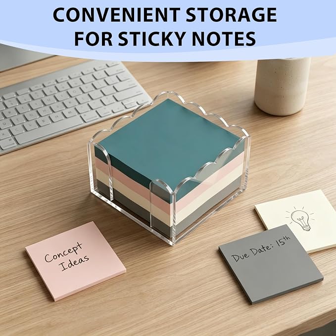 Pack of 6 Scalloped Acrylic Sticky Note Holder 3x3 Inch for Home Dorm | Clear Wave Design Post It Note Dispenser, Thick Acrylic Notepad Desk Organizer for Office Home Dorm Classroom