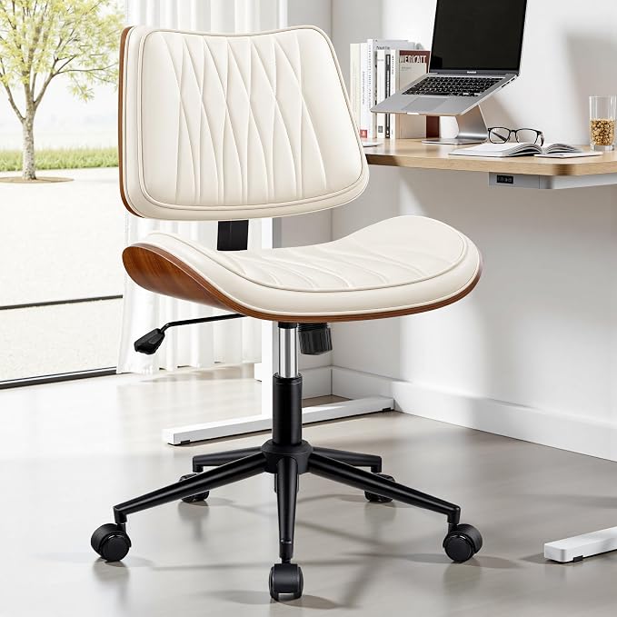 Ergonomic Armless Office Desk Chair - Mid-Century Modern White Faux Leather with Diamond Stitch, Adjustable Height Swivel Rolling Task Computer Chair with Walnut Accent for Home Office, Study & Work